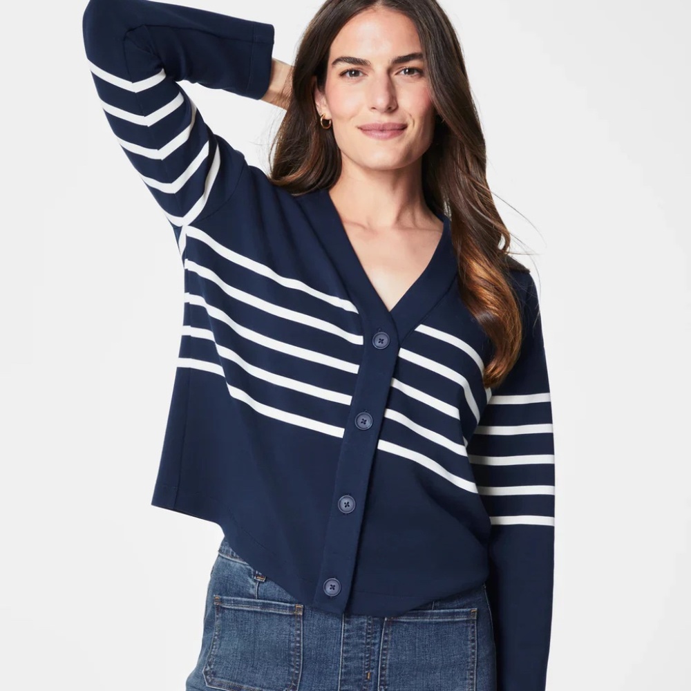 SPANX AirEssentials Striped Cardigan Navy Button V  Nwt sz S Petite